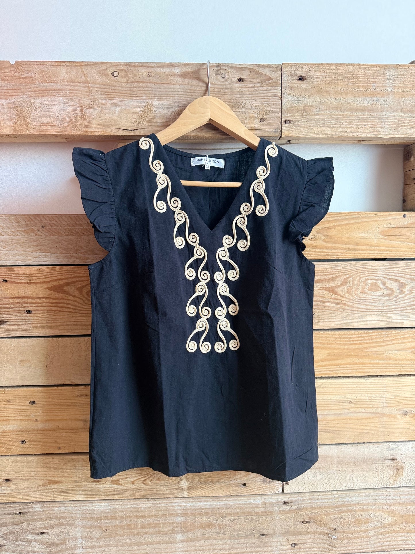 Top LIN Noir broderie beige