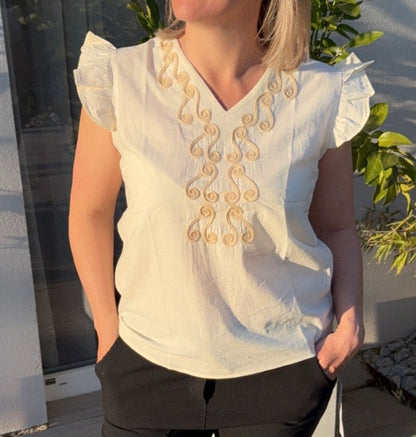 Top LIN Beige broderie