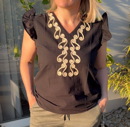 Top LIN Noir broderie beige